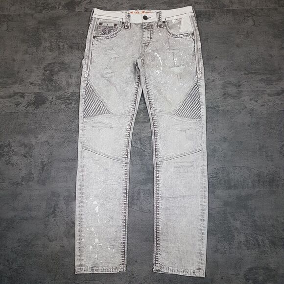 ROCK REVIVAL Devista Distressed Paint Splatter Denim Biker Jeans
